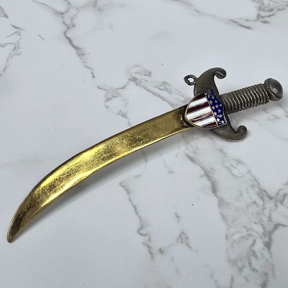 Vintage Scimitar Sword Brooch American Flag Shield Gold Silver Tone Pin 4 Inch